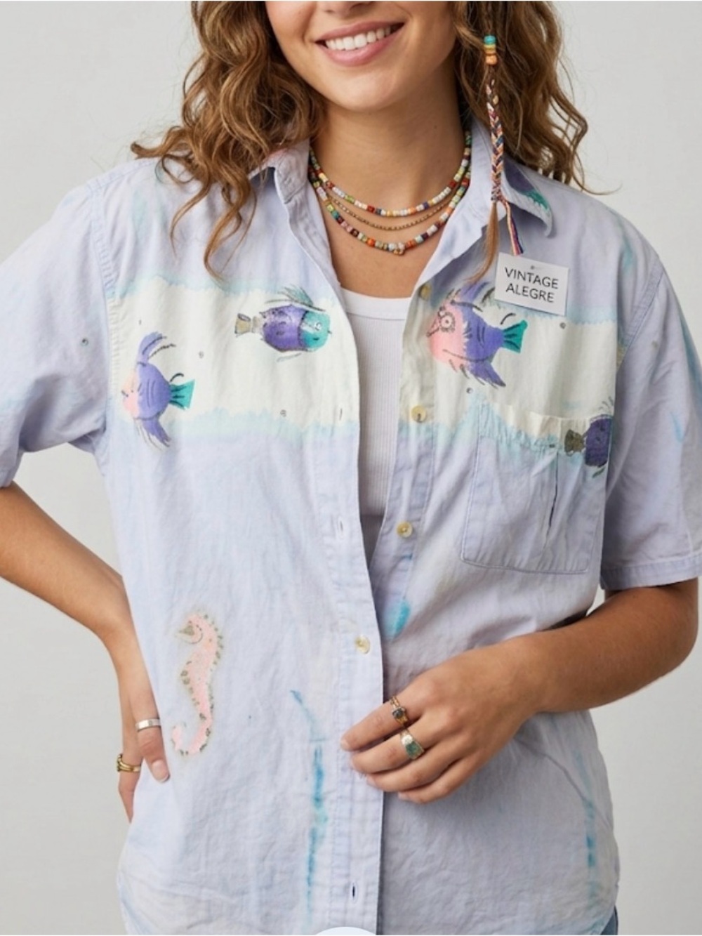 Alegre Vintage Hand Painted Tropical Fish Seahorse Shirt M/L
